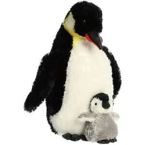 NWOT Aurora Emperor Penguin with Baby 12" Black White Plush Stuffed Animal Toy